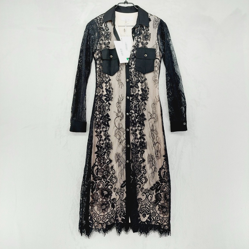 NEW Kaos Made in Italy Black Lace Long Sleeve Midi Shirt Dress P627